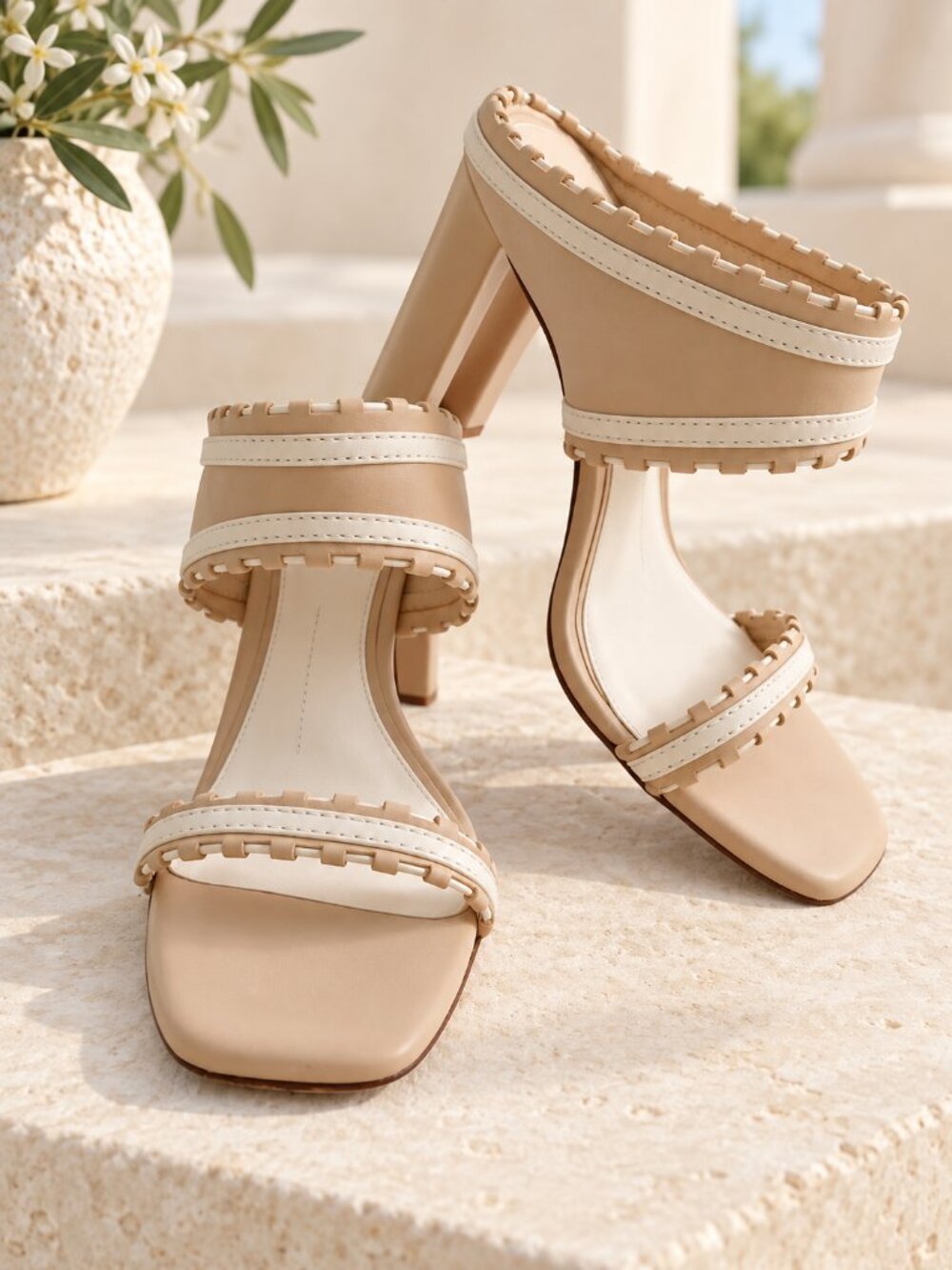 Antonio Melani Sarville Beige White Leather Block Heel Mules Size 8M